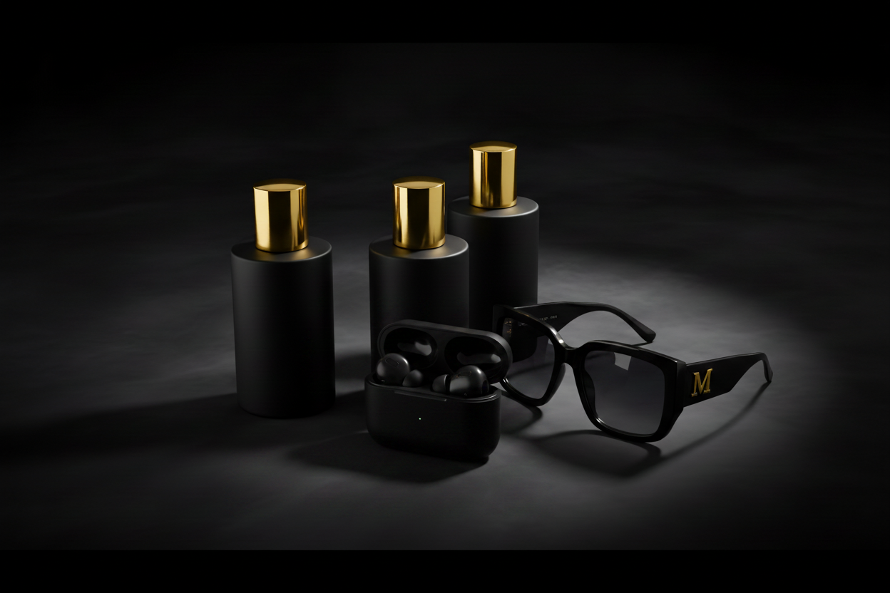 Luxury Hero Banner with Perfumes, Glasses and Black AirPods